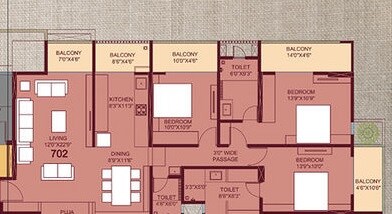 Floor plan of 3 BHK 1187 Sq. Ft. Apartment in Saarrthi Signature Tower 2, Pune