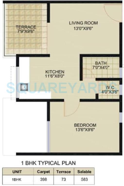 Floor plan of 1 BHK 583 Sq. Ft. Apartment in Saarrthi Sinclair, Pune