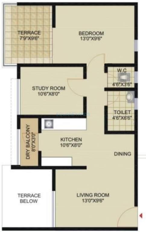 Floor plan of 1 BHK 766 Sq. Ft. Apartment in Saarrthi Sinclair, Pune