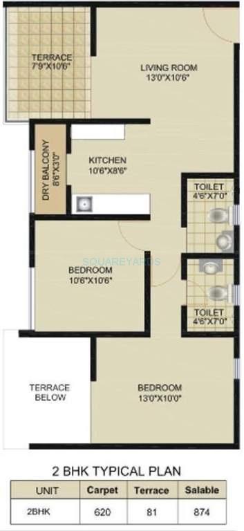 Floor plan of 2 BHK 874 Sq. Ft. Apartment in Saarrthi Sinclair, Pune