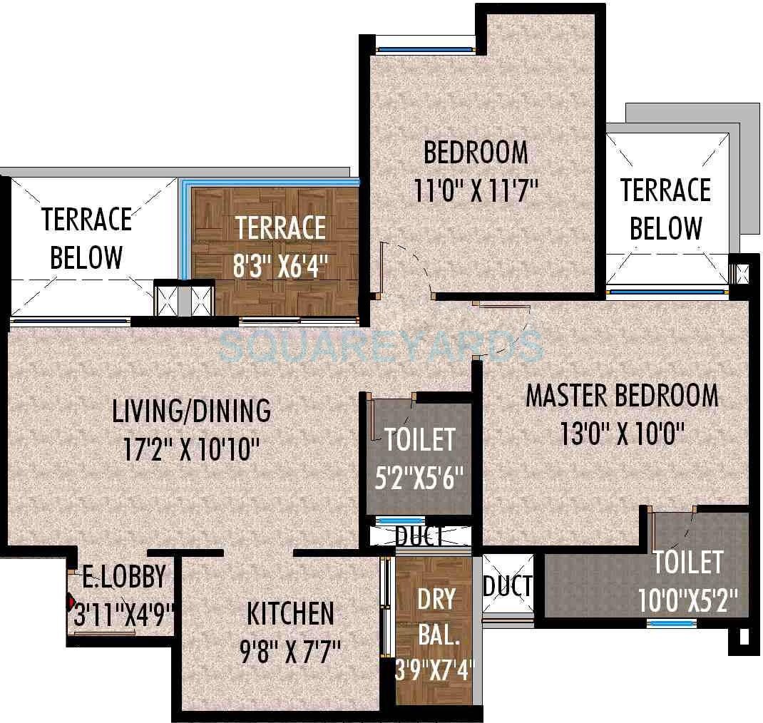 Floor plan of 2 BHK 1008 Sq. Ft. Apartment in Saarrthi Skybay, Pune