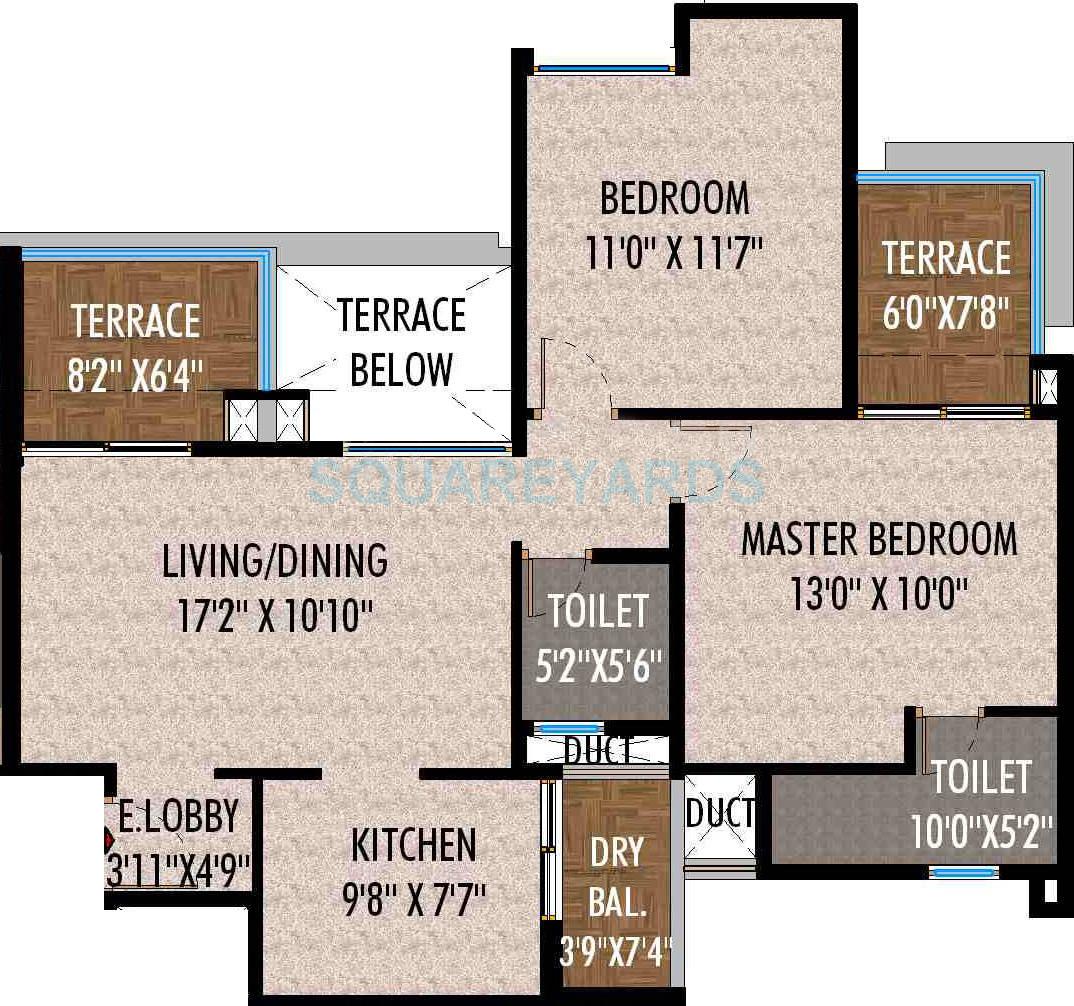 Floor plan of 2 BHK 1076 Sq. Ft. Apartment in Saarrthi Skybay, Pune