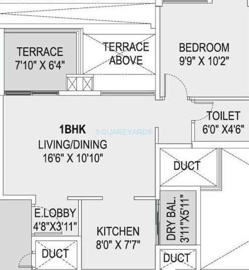 Floor plan of 1 BHK 690 Sq. Ft. Apartment in Saarrthi Skybay, Pune