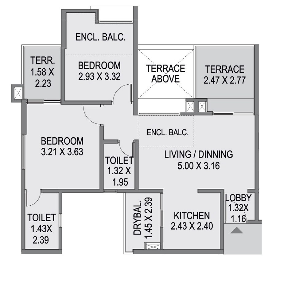 Floor plan of 2 BHK 748 Sq. Ft. Apartment in Saarrthi Skybay II, Pune