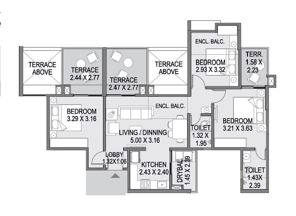 Floor plan of 3 BHK 1038 Sq. Ft. Apartment in Saarrthi Skybay II, Pune