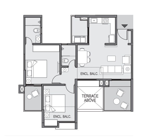 Floor plan of 2 BHK 748 Sq. Ft. Apartment in Saarrthi Skybay III, Pune
