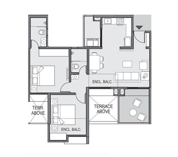 Floor plan of 2 BHK 779 Sq. Ft. Apartment in Saarrthi Skybay III, Pune