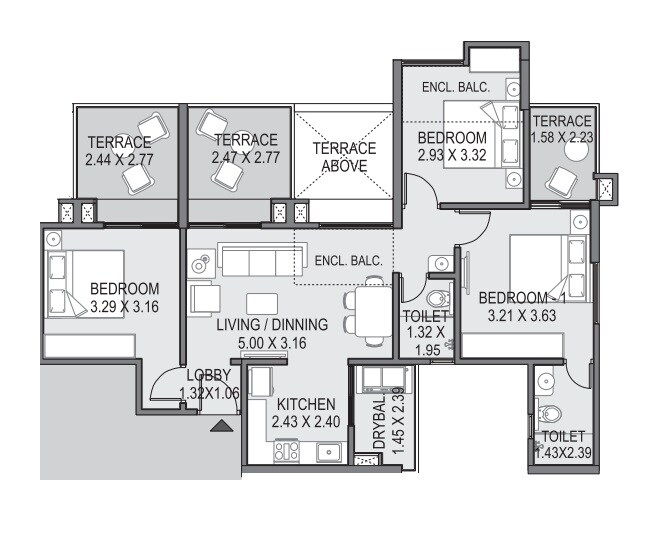 Floor plan of 3 BHK 1038 Sq. Ft. Apartment in Saarrthi Skybay III, Pune