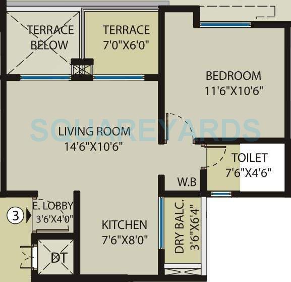 Floor plan of 1 BHK 618 Sq. Ft. Apartment in Saarrthi Souvenir, Pune