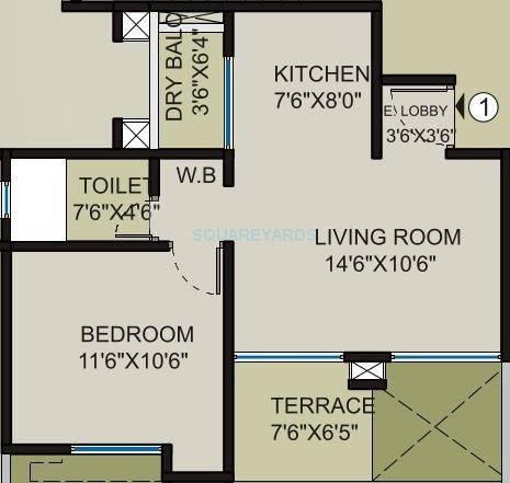 Floor plan of 1 BHK 766 Sq. Ft. Apartment in Saarrthi Souvenir, Pune