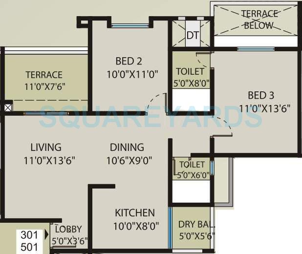 Floor plan of 2 BHK 1073 Sq. Ft. Apartment in Saarrthi Souvenir, Pune