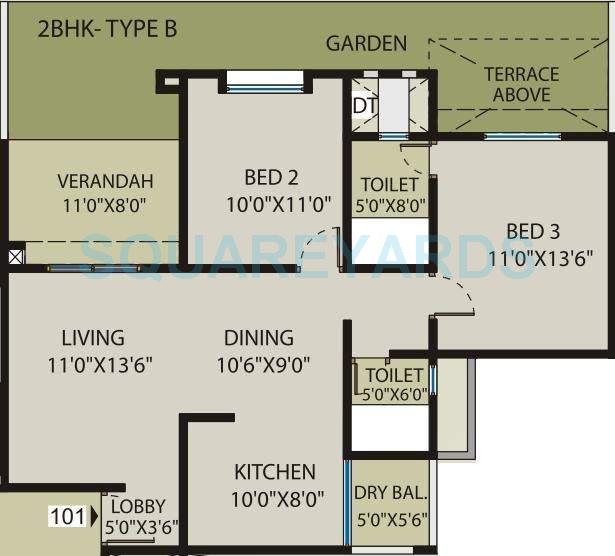 Floor plan of 2 BHK 1192 Sq. Ft. Apartment in Saarrthi Souvenir, Pune