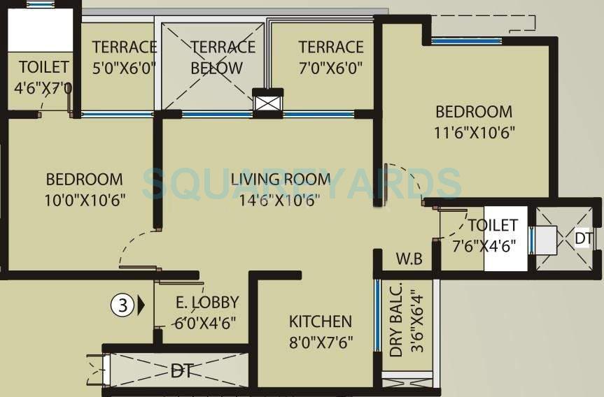 Floor plan of 2 BHK 854 Sq. Ft. Apartment in Saarrthi Souvenir, Pune