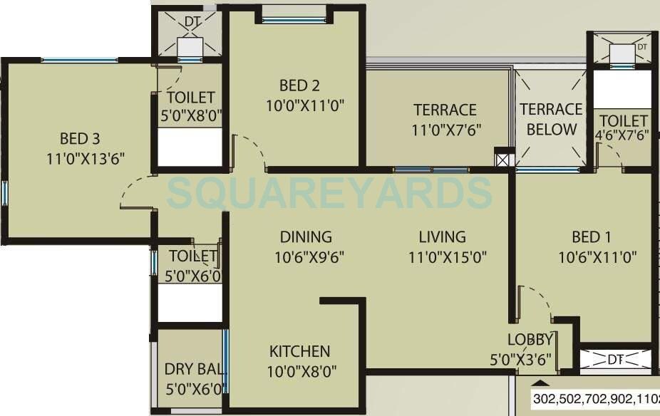 Floor plan of 3 BHK 1316 Sq. Ft. Apartment in Saarrthi Souvenir, Pune