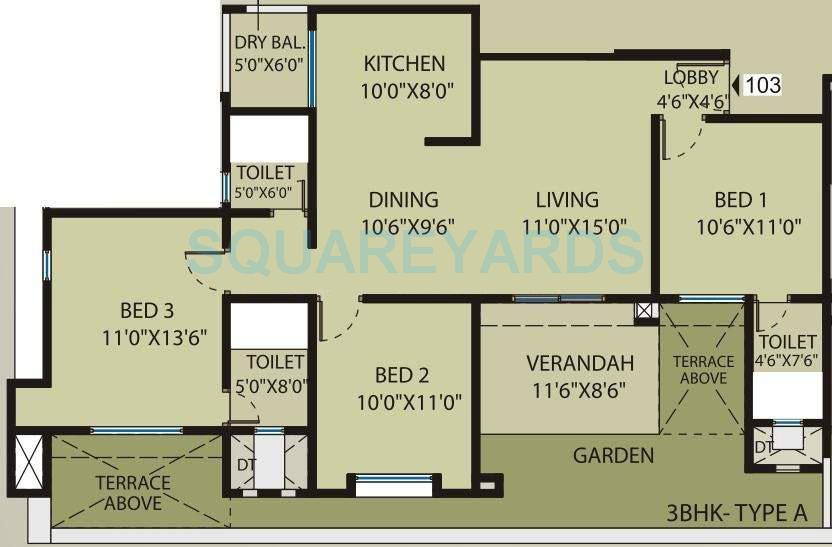 Floor plan of 3 BHK 1440 Sq. Ft. Apartment in Saarrthi Souvenir, Pune