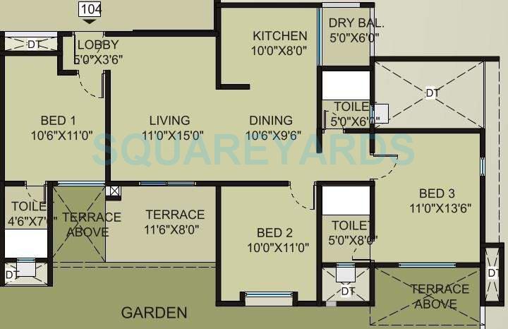 Floor plan of 3 BHK 1546 Sq. Ft. Apartment in Saarrthi Souvenir, Pune