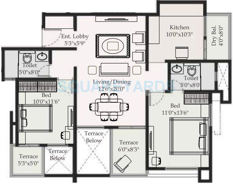 Floor plan of 2 BHK 1153 Sq. Ft. Apartment in Saarrthi Sovereign, Pune