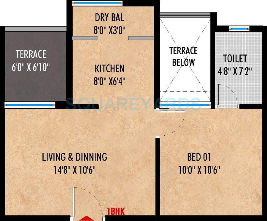 Floor plan of 1 BHK 266 Sq. Ft. Apartment in Saarrthi Suburbia, Pune