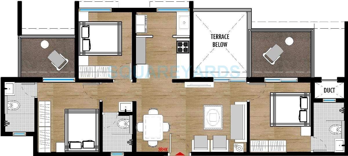 Floor plan of 3 BHK 546 Sq. Ft. Apartment in Saarrthi Suburbia, Pune