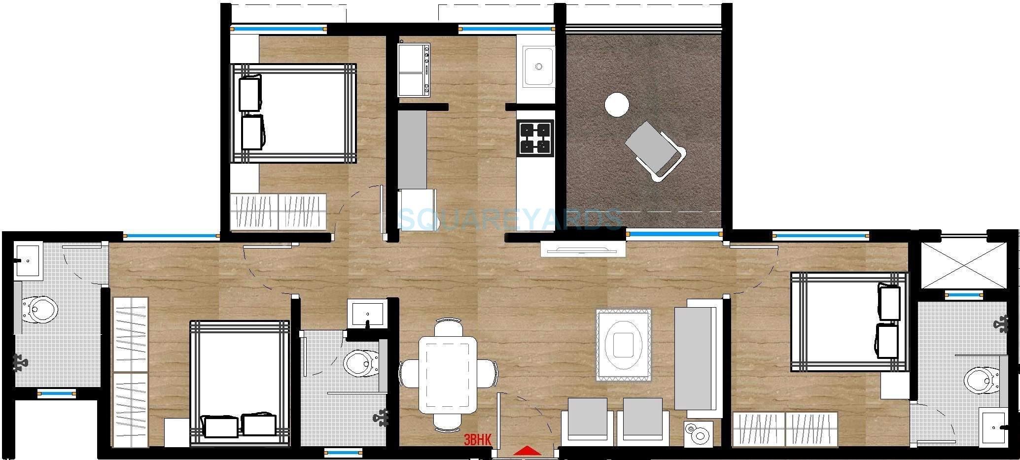 Floor plan of 3 BHK 519 Sq. Ft. Apartment in Saarrthi Suburbia, Pune