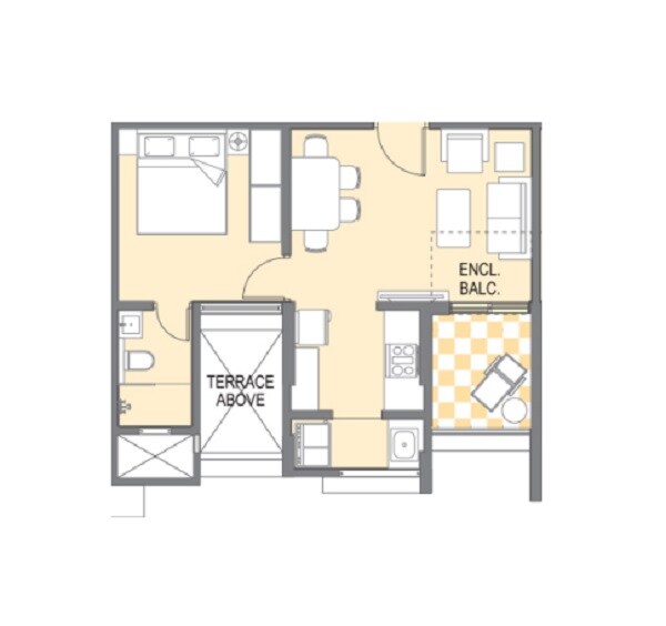 Floor plan of 1 BHK 337 Sq. Ft. Apartment in Saarrthi Suburbia Estate, Pune