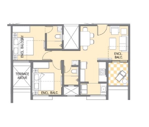 Floor plan of 2 BHK 389 Sq. Ft. Apartment in Saarrthi Suburbia Estate, Pune