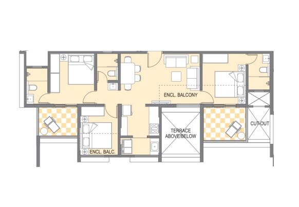 Floor plan of 3 BHK 519 Sq. Ft. Apartment in Saarrthi Suburbia Estate, Pune