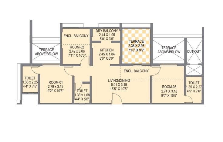 Floor plan of 3 BHK 546 Sq. Ft. Apartment in Saarrthi Suburbia Estate, Pune