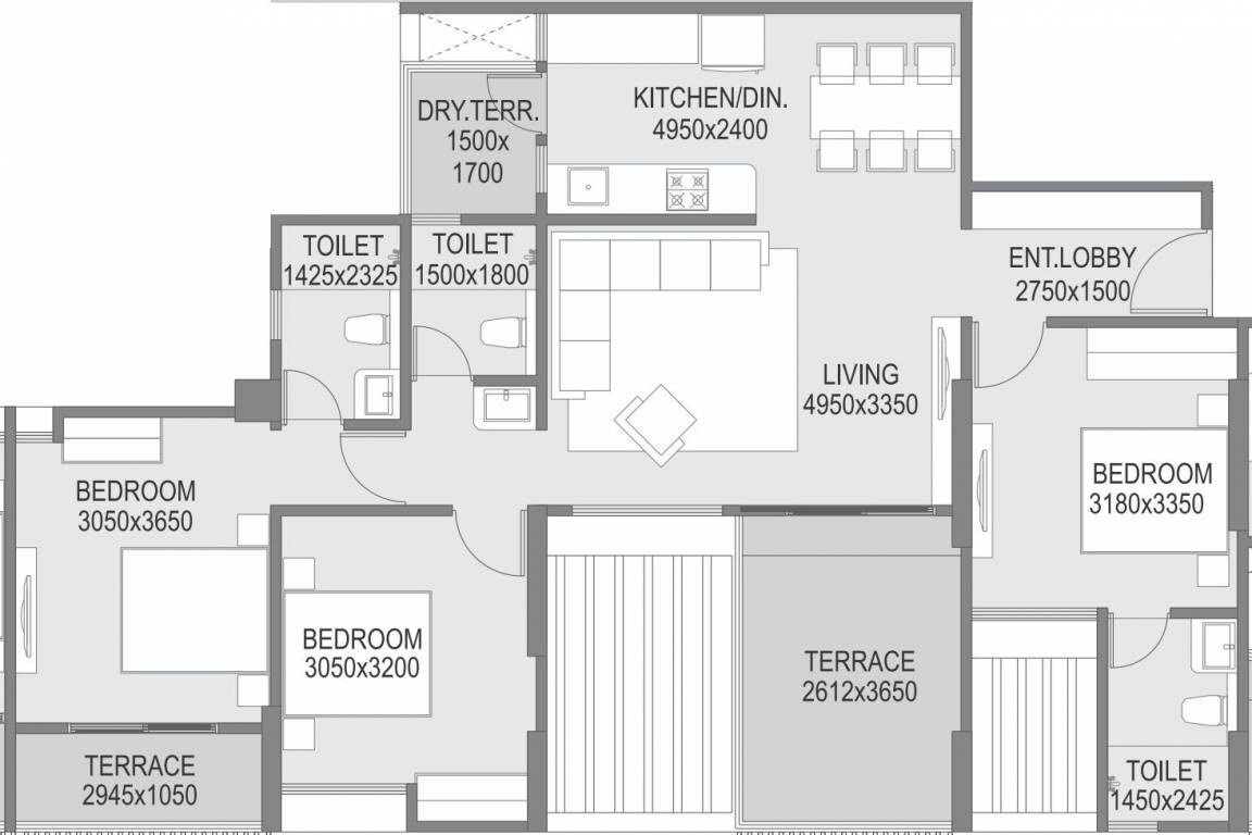Floor plan of 3 BHK 657 Sq. Ft. Apartment in Saarrthi Success Square, Pune
