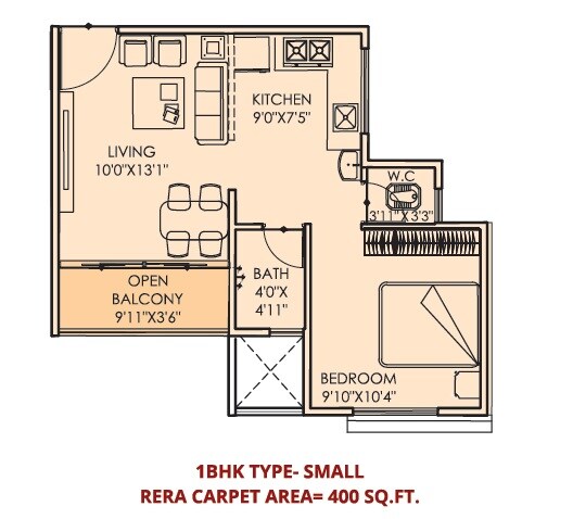 Floor plan of 1 BHK 400 Sq. Ft. Apartment in Sable Sangameshwar, Pune