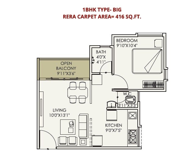 Floor plan of 1 BHK 416 Sq. Ft. Apartment in Sable Sangameshwar, Pune