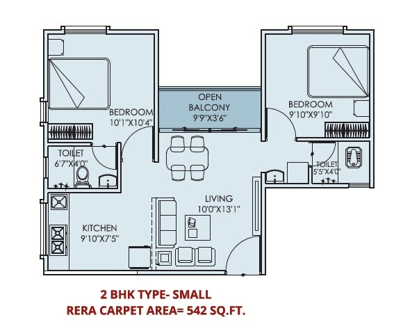 Floor plan of 2 BHK 542 Sq. Ft. Apartment in Sable Sangameshwar, Pune