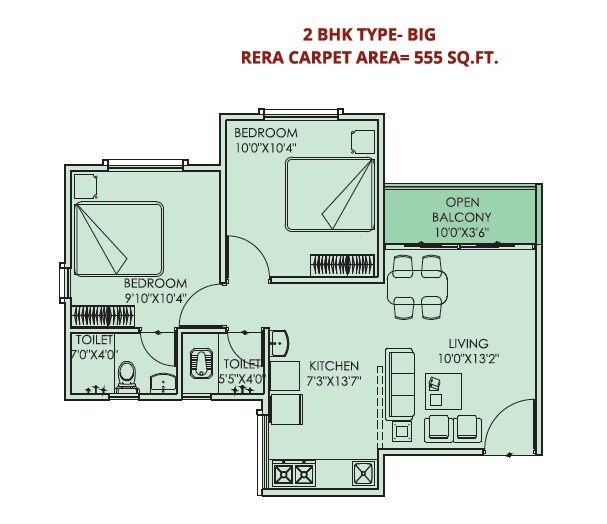 Floor plan of 2 BHK 555 Sq. Ft. Apartment in Sable Sangameshwar, Pune