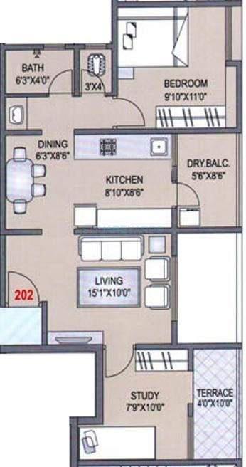 Floor plan of 1 BHK 801 Sq. Ft. Apartment in Safal Homes Oneiro, Pune