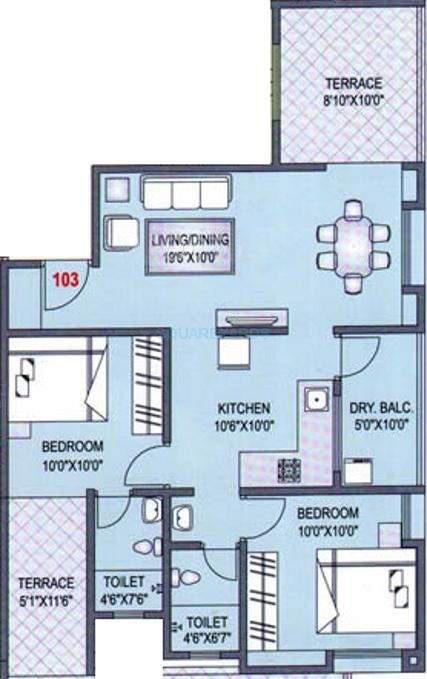 Floor plan of 2 BHK 1030 Sq. Ft. Apartment in Safal Homes Oneiro, Pune