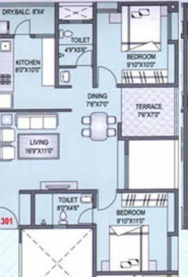 Floor plan of 2 BHK 870 Sq. Ft. Apartment in Safal Homes Oneiro, Pune
