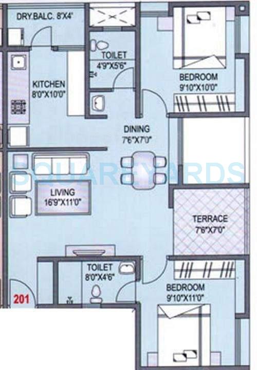 Floor plan of 2 BHK 913 Sq. Ft. Apartment in Safal Homes Oneiro, Pune
