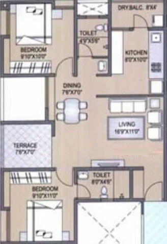 2 BHK 900 Sq. Ft. Apartment