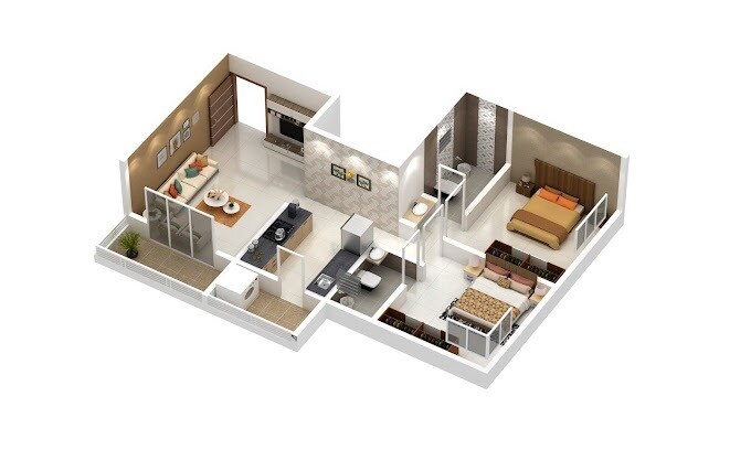Floor plan of 2 BHK 602 Sq. Ft. Apartment in Saffron Kesar Gandh Heights, Pune