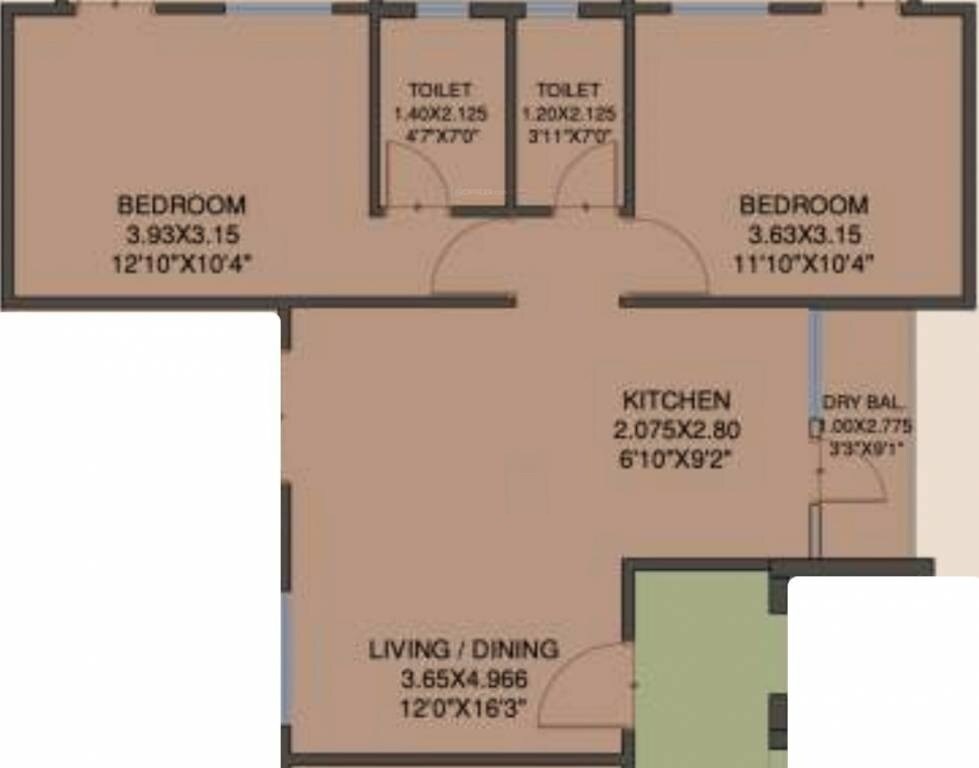 Floor plan of 2 BHK 813 Sq. Ft. Apartment in Saga Apartments, Pune
