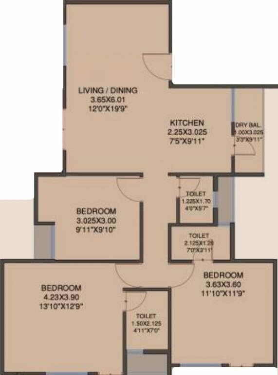 Floor plan of 3 BHK 1121 Sq. Ft. Apartment in Saga Apartments, Pune