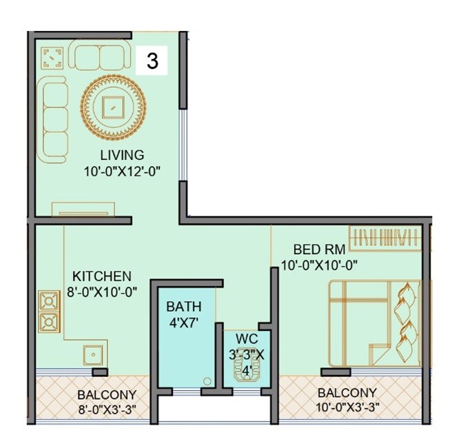 Floor plan of 1 BHK 451 Sq. Ft. Apartment in Saga City Heights, Pune