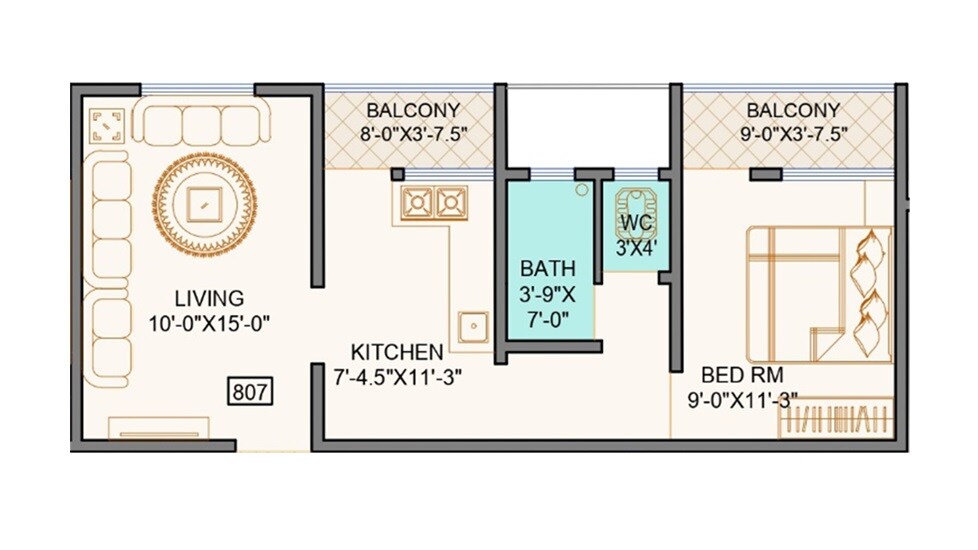 Floor plan of 1 BHK 484 Sq. Ft. Apartment in Saga City Heights, Pune