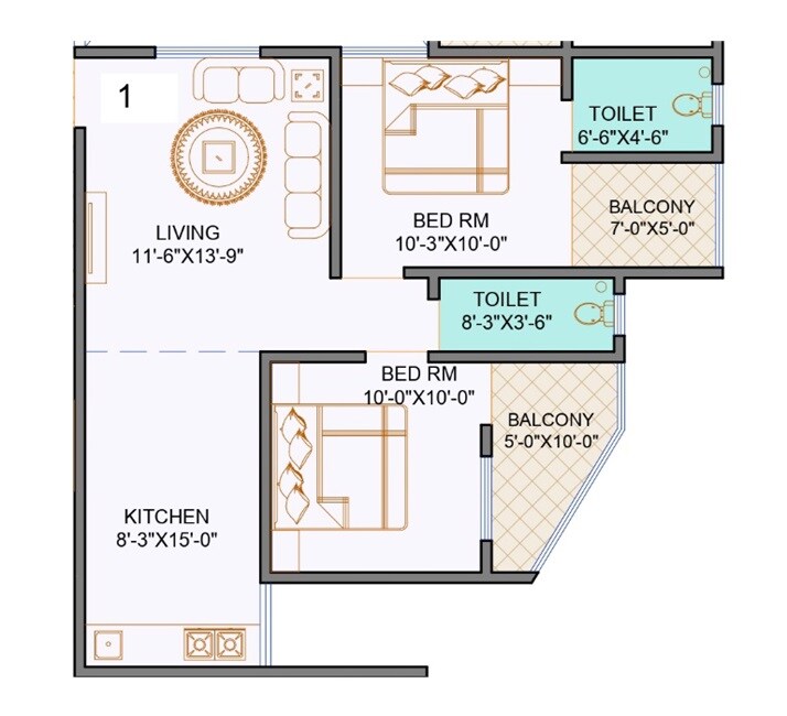 Floor plan of 2 BHK 658 Sq. Ft. Apartment in Saga City Heights, Pune