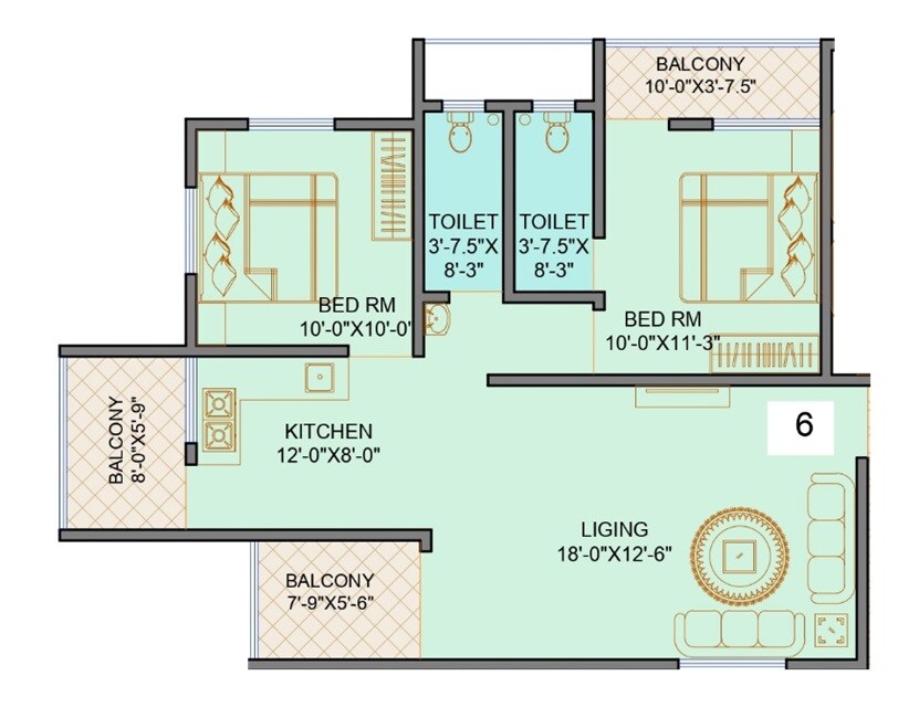 Floor plan of 2 BHK 770 Sq. Ft. Apartment in Saga City Heights, Pune