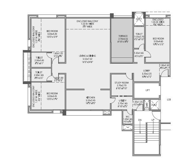 Floor plan of 3 BHK 1076 Sq. Ft. Apartment in Sagar Waters Edge, Pune