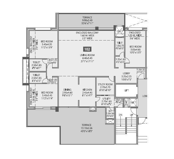 Floor plan of 3 BHK 1132 Sq. Ft. Apartment in Sagar Waters Edge, Pune