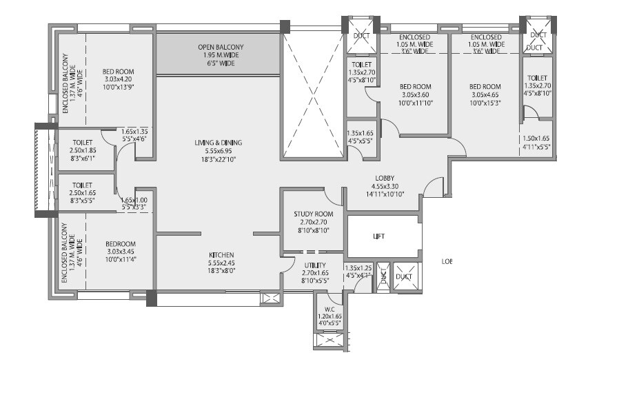Floor plan of 4 BHK 1263 Sq. Ft. Apartment in Sagar Waters Edge, Pune