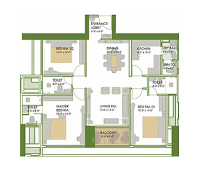 3 BHK 1093 Sq. Ft. Apartment in Sagitarius Bluegrass Residences