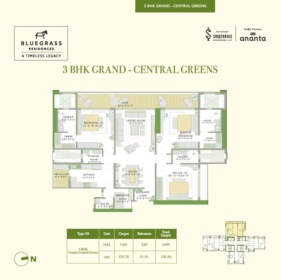 Floor plan of 3 BHK 1689 Sq. Ft. Apartment in Sagitarius Bluegrass Residences, Pune